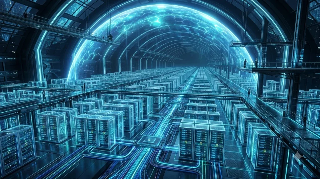 Server towers pulsing data streams 202608200752