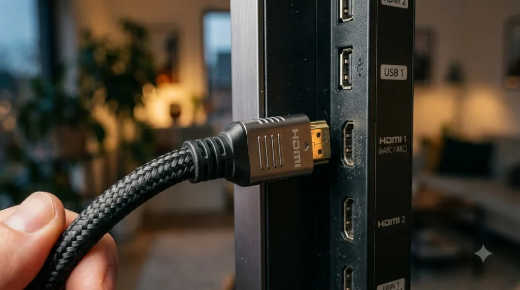 How to Screen Share to TV (2026): Phone, Laptop & PC Guide 6 Braided HDMI cable plugging into… 20261018195929