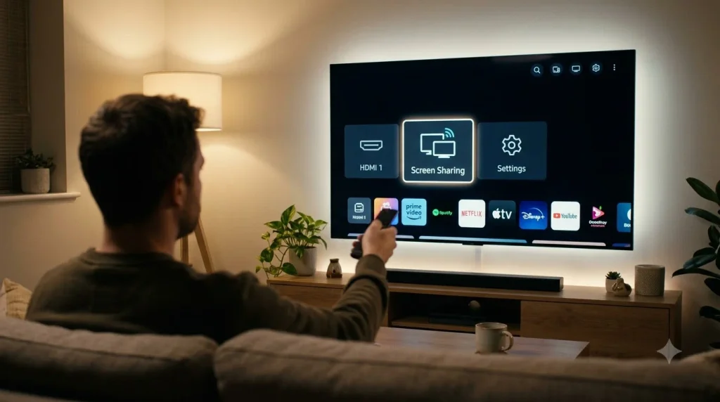 How to Screen Share to TV (2026): Phone, Laptop & PC Guide 2 Person using smart TV menu 20261018195327